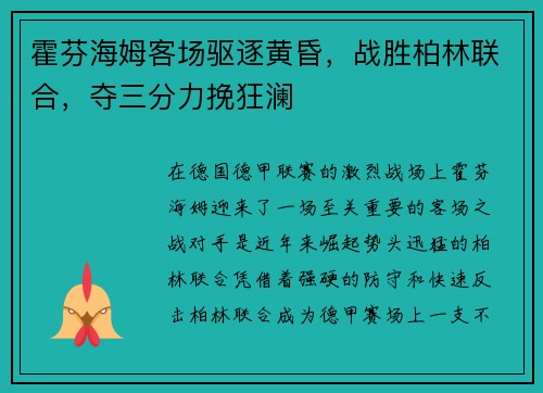 霍芬海姆客场驱逐黄昏，战胜柏林联合，夺三分力挽狂澜